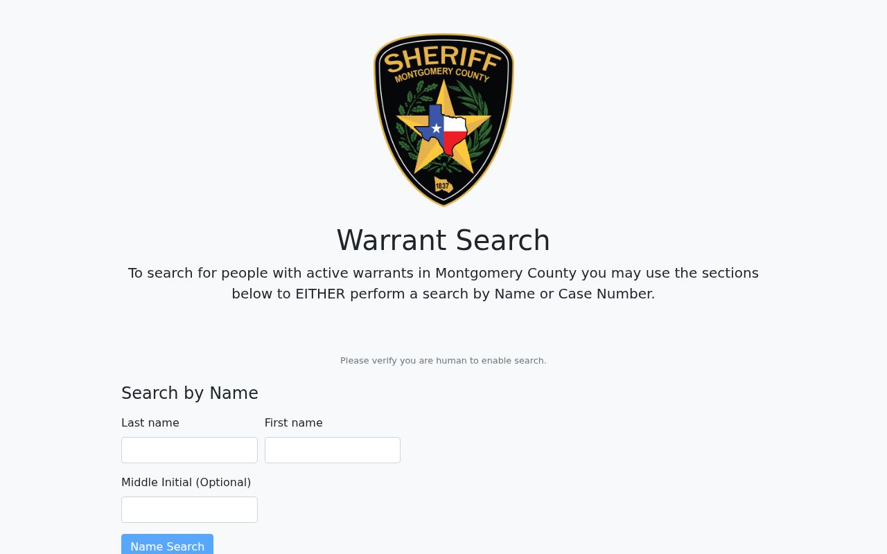 Montgomery County warrant search form for adult criminal warrants
