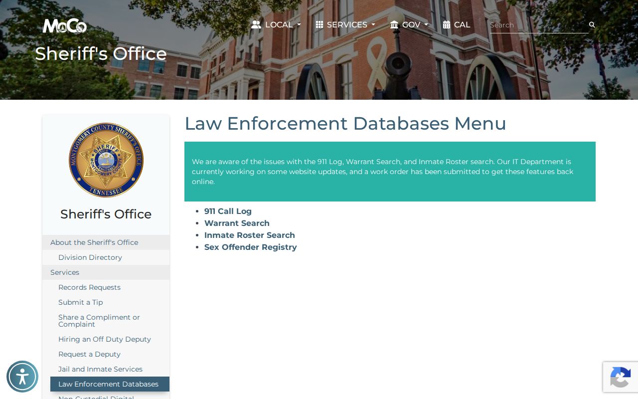 Montgomery County warrant search database maintenance notice